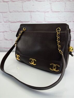 Chanel Caviar Triple Coco Chain Vintage Shoulder Bag Brown